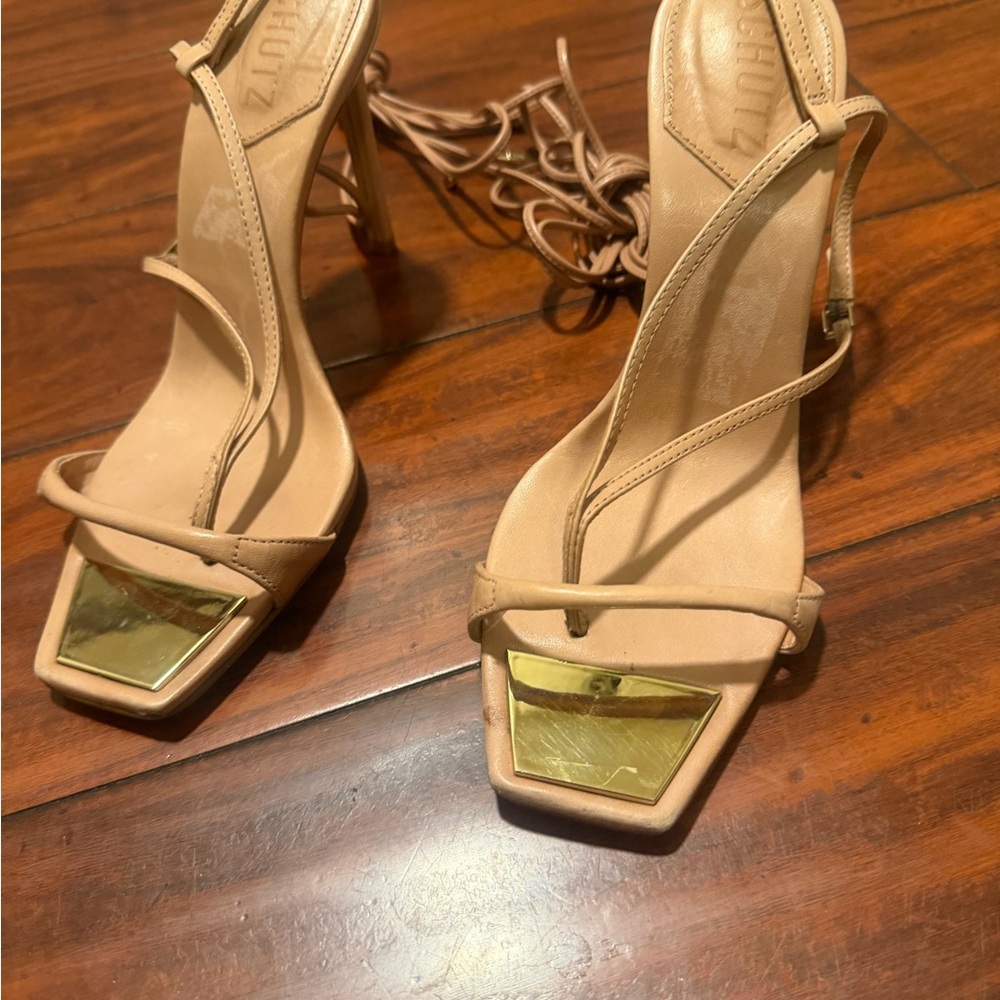 SCHUTZ Tan Lace-Up Stiletto Sandals with Wrap Ankle Ties - Picture 9 of 15